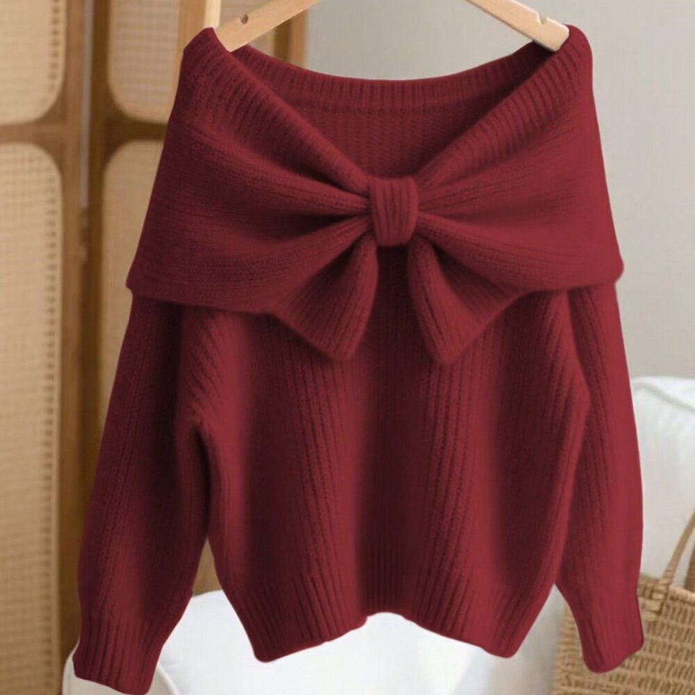 Burgundy Elegant Women's Oversized Crew Neck Sweater